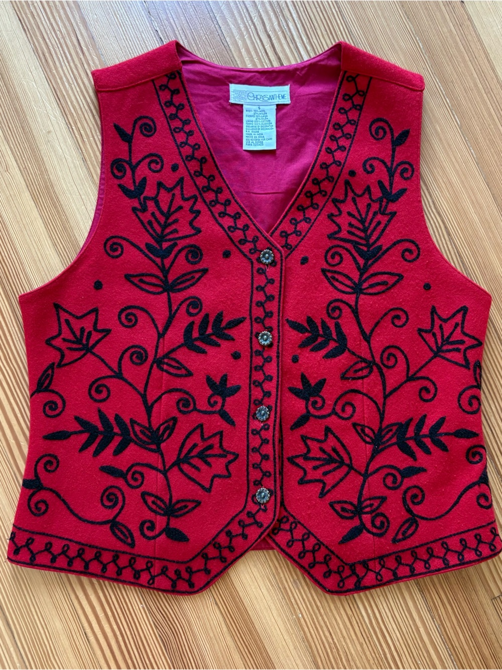 Red Embroidered Floral Wool Vest